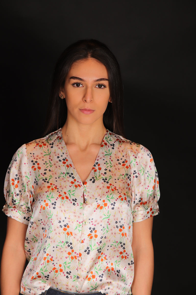 L'Autre Chose Donna Camicia Fantasia Mezza Manica IN Seta "Top Scollo V Bianco"