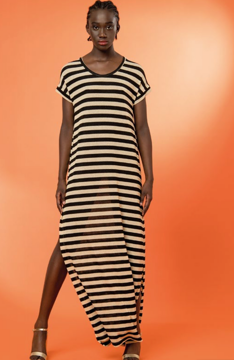 Hanita Abito Lungo IN Maglina Lurex A Righe Oro Nero Manica Corta Il Conte