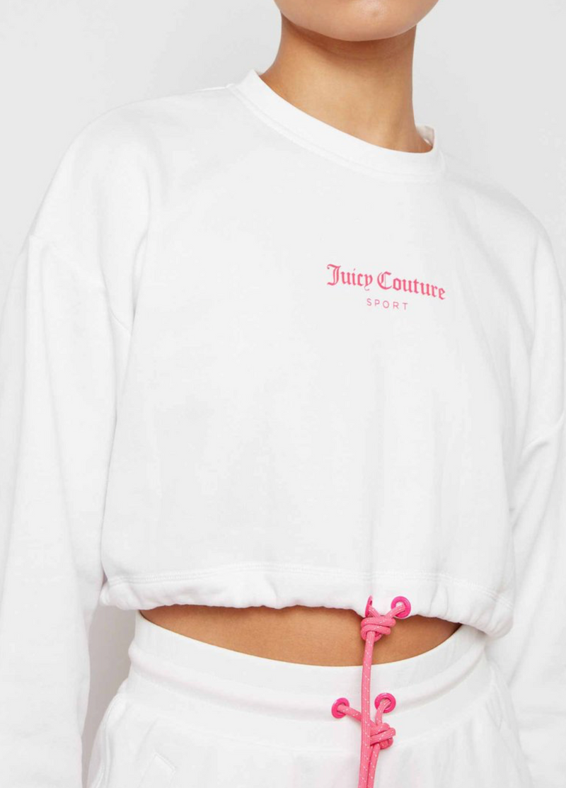 Juicy Couture Felpa Bianca Girocollo Con Coulisse Piccolo Logo Rosa  Davanti E Grande Dietro